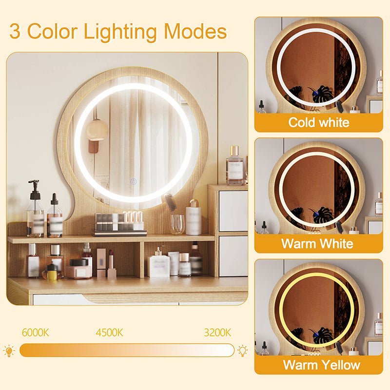 Bellemave® Makeup Vanity Desk with 3 Adjustable Lighted Mirror with Solid Wood Table Feet , 4 Drawers and 3 Open Shelves - Bellemave