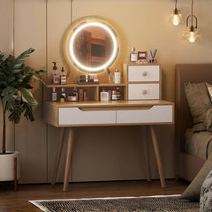 Bellemave® Makeup Vanity Desk with 3 Adjustable Lighted Mirror with Solid Wood Table Feet , 4 Drawers and 3 Open Shelves - Bellemave