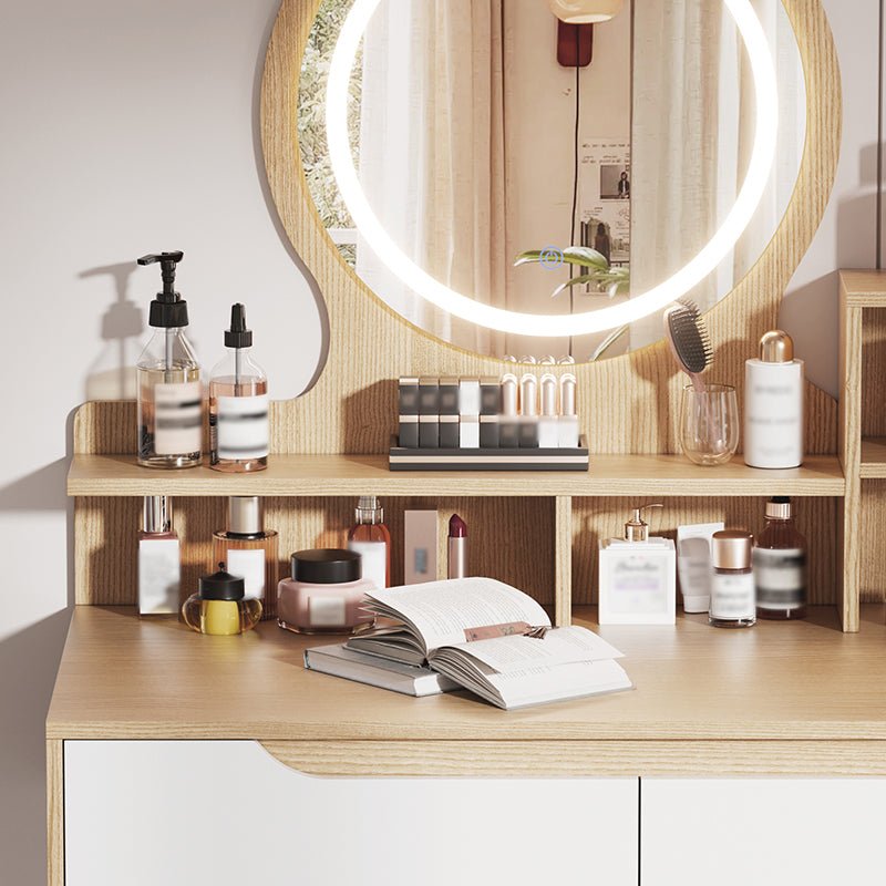 Bellemave® Makeup Vanity Desk with 3 Adjustable Lighted Mirror with Solid Wood Table Feet , 4 Drawers and 3 Open Shelves - Bellemave