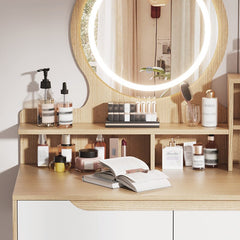 Bellemave® Makeup Vanity Desk with 3 Adjustable Lighted Mirror with Solid Wood Table Feet , 4 Drawers and 3 Open Shelves - Bellemave