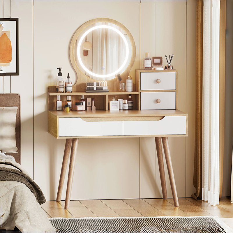 Bellemave® Makeup Vanity Desk with 3 Adjustable Lighted Mirror with Solid Wood Table Feet , 4 Drawers and 3 Open Shelves - Bellemave