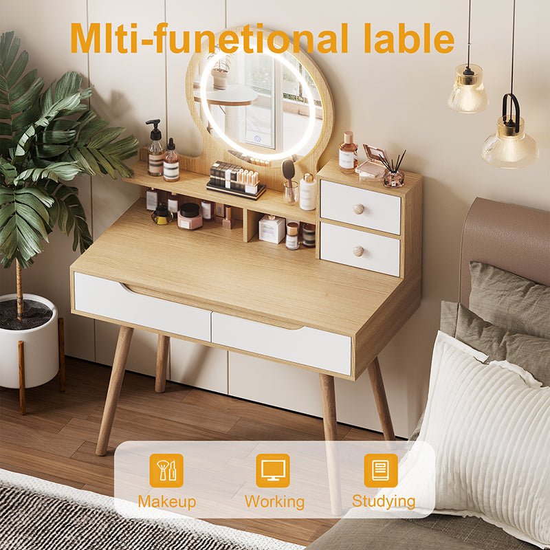 Bellemave® Makeup Vanity Desk with 3 Adjustable Lighted Mirror with Solid Wood Table Feet , 4 Drawers and 3 Open Shelves - Bellemave