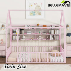 Bellemave® Metal Bed House Bed Frame with Fence and Shelves - Bellemave