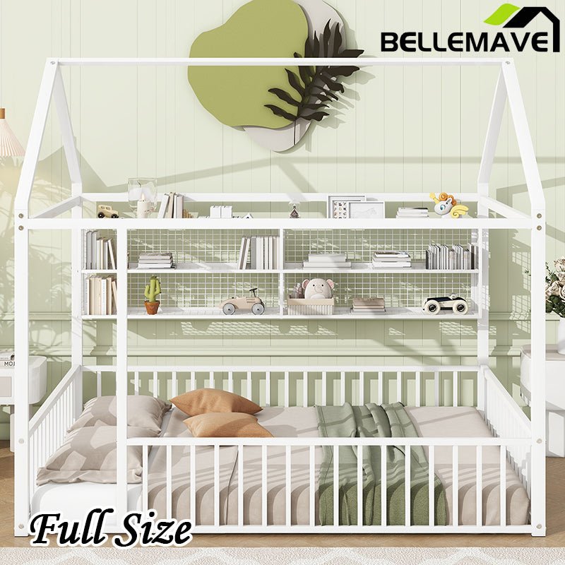 Bellemave® Metal Bed House Bed Frame with Fence and Shelves - Bellemave