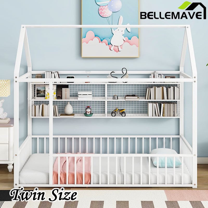 Bellemave® Metal Bed House Bed Frame with Fence and Shelves - Bellemave