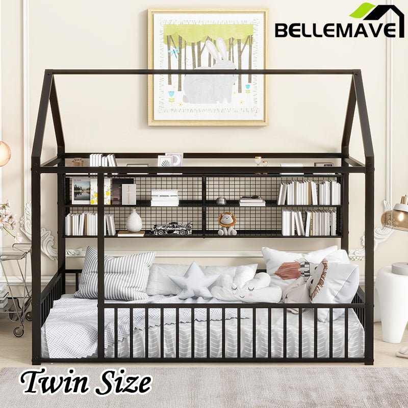 Bellemave® Metal Bed House Bed Frame with Fence and Shelves - Bellemave