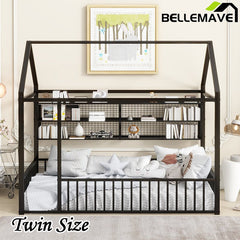 Bellemave® Metal Bed House Bed Frame with Fence and Shelves - Bellemave