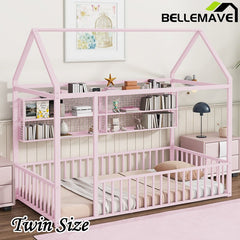 Bellemave® Metal Bed House Bed Frame with Fence and Shelves - Bellemave