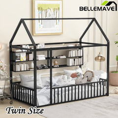 Bellemave® Metal Bed House Bed Frame with Fence and Shelves - Bellemave