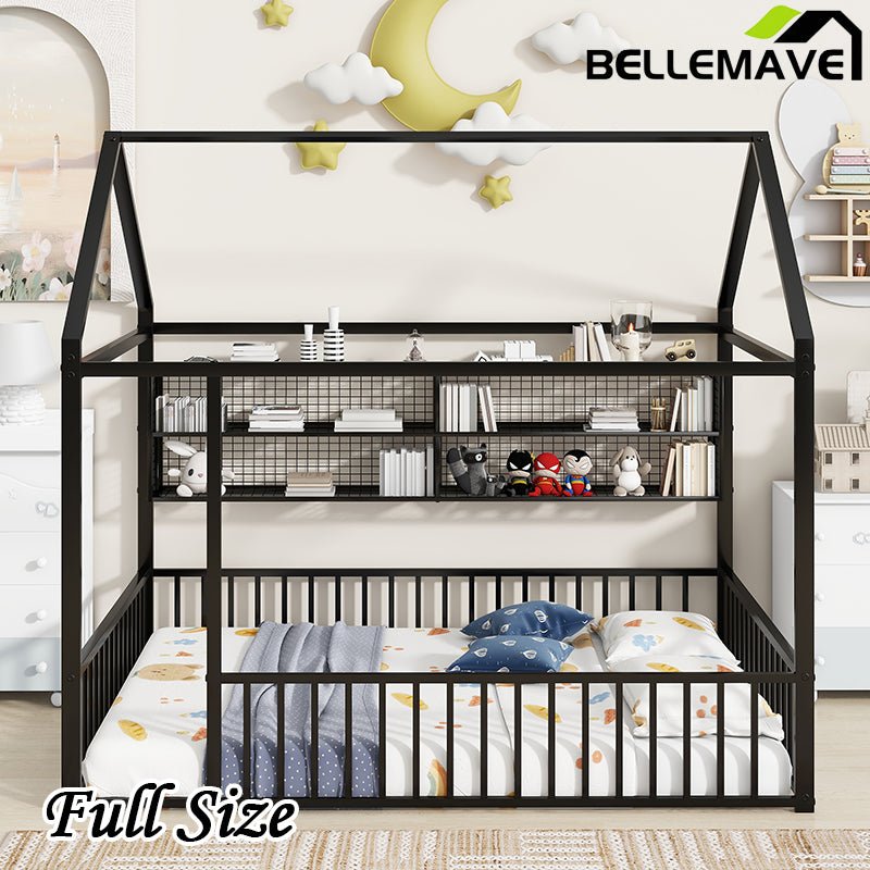 Bellemave® Metal Bed House Bed Frame with Fence and Shelves - Bellemave