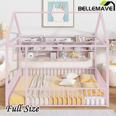 Bellemave® Metal Bed House Bed Frame with Fence and Shelves - Bellemave