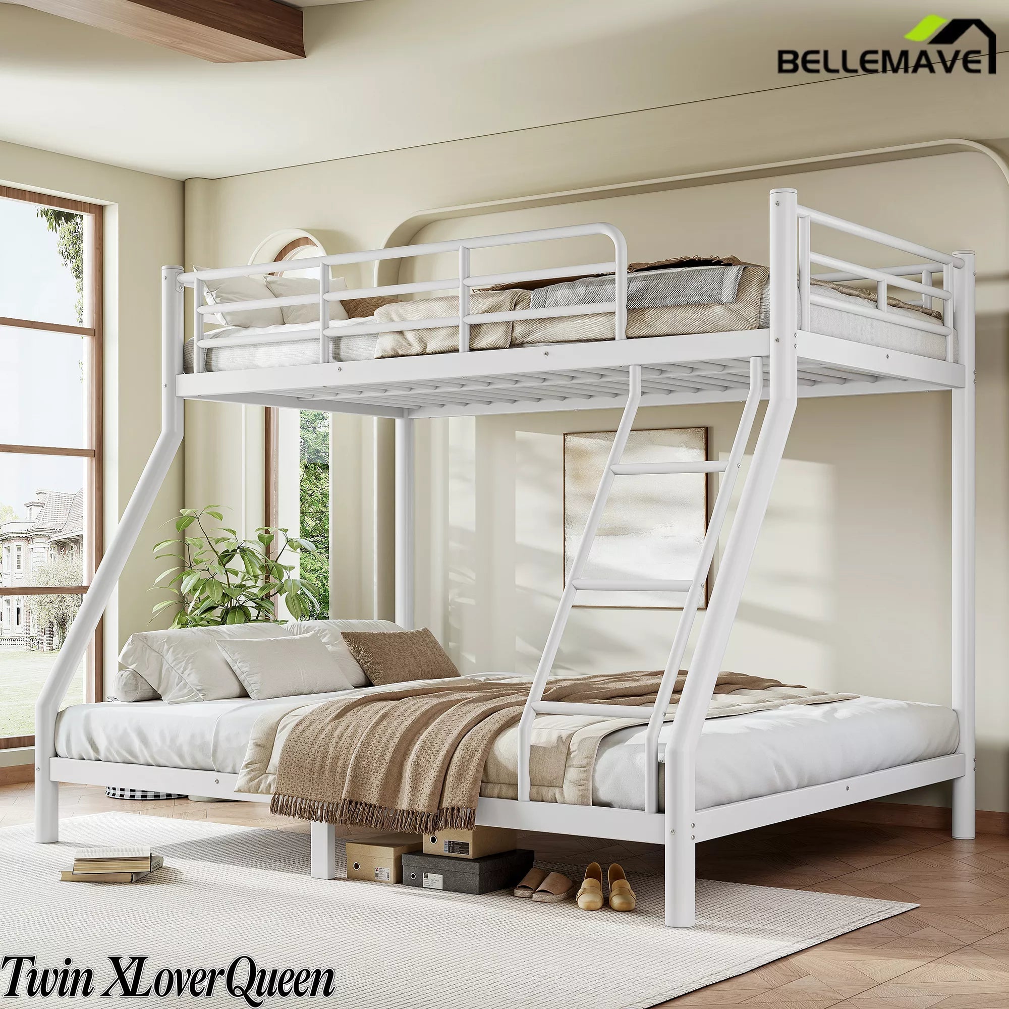Bellemave® Metal Bunk Bed for Teens and Adults, Space Saving Heavy Duty Steel Frame with Round Tube Design, No Box Spring Needed - Bellemave