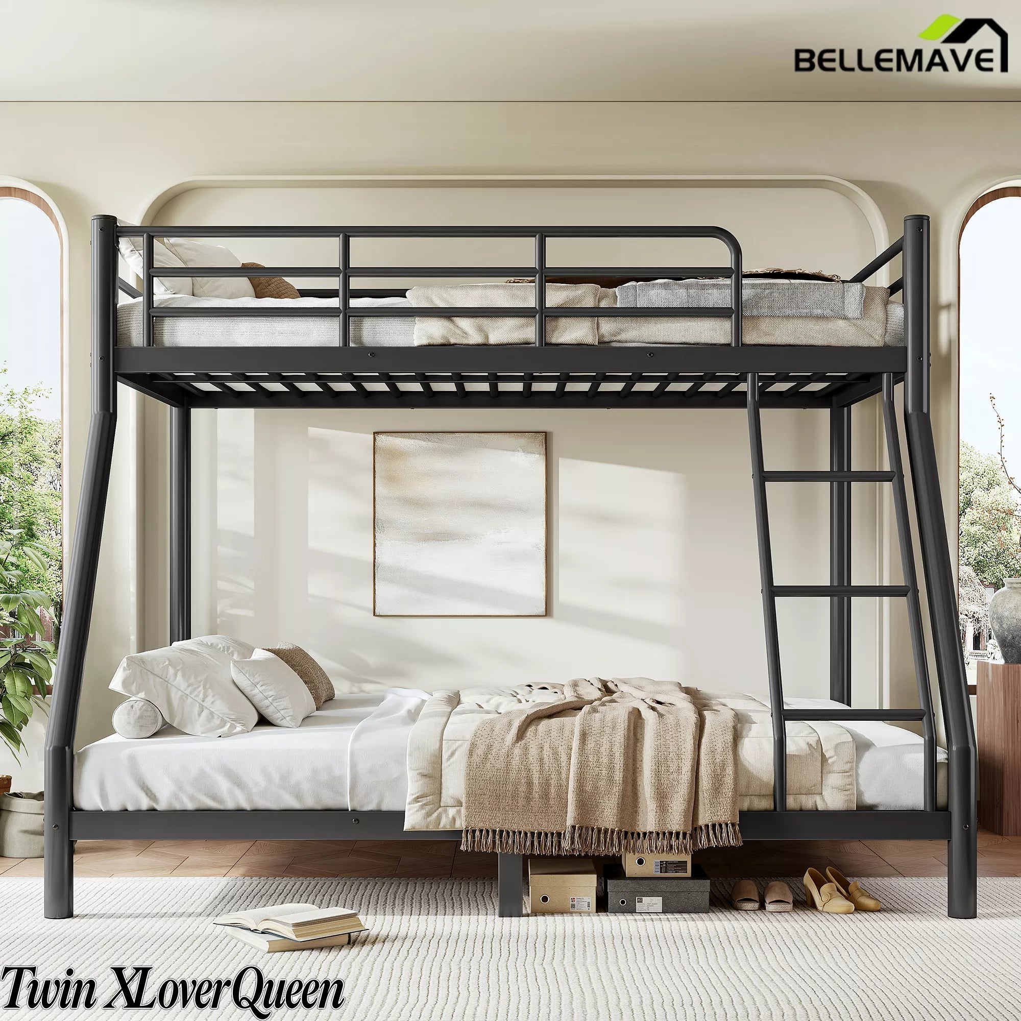 Bellemave® Metal Bunk Bed for Teens and Adults, Space Saving Heavy Duty Steel Frame with Round Tube Design, No Box Spring Needed - Bellemave