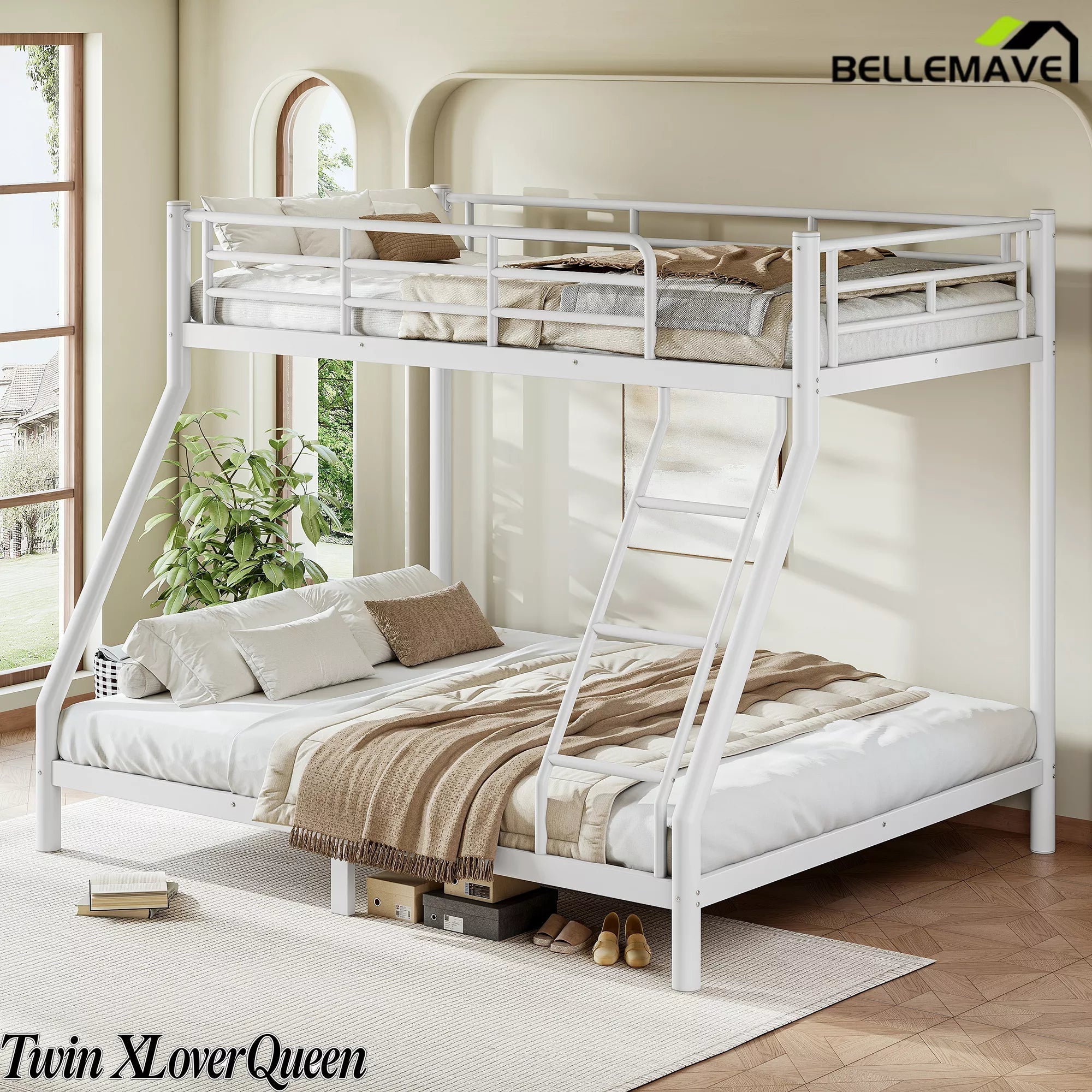 Bellemave® Metal Bunk Bed for Teens and Adults, Space Saving Heavy Duty Steel Frame with Round Tube Design, No Box Spring Needed - Bellemave
