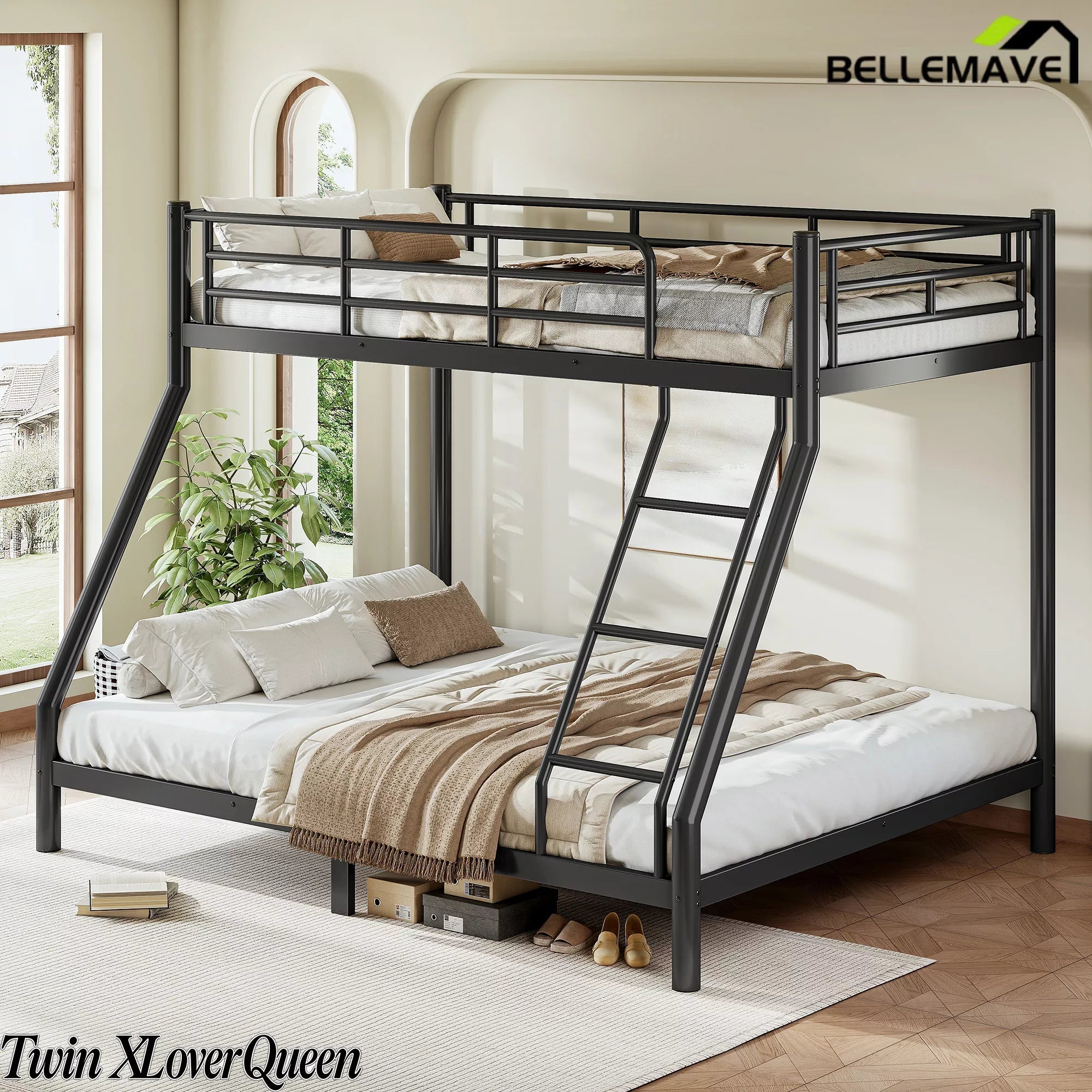 Bellemave® Metal Bunk Bed for Teens and Adults, Space Saving Heavy Duty Steel Frame with Round Tube Design, No Box Spring Needed - Bellemave