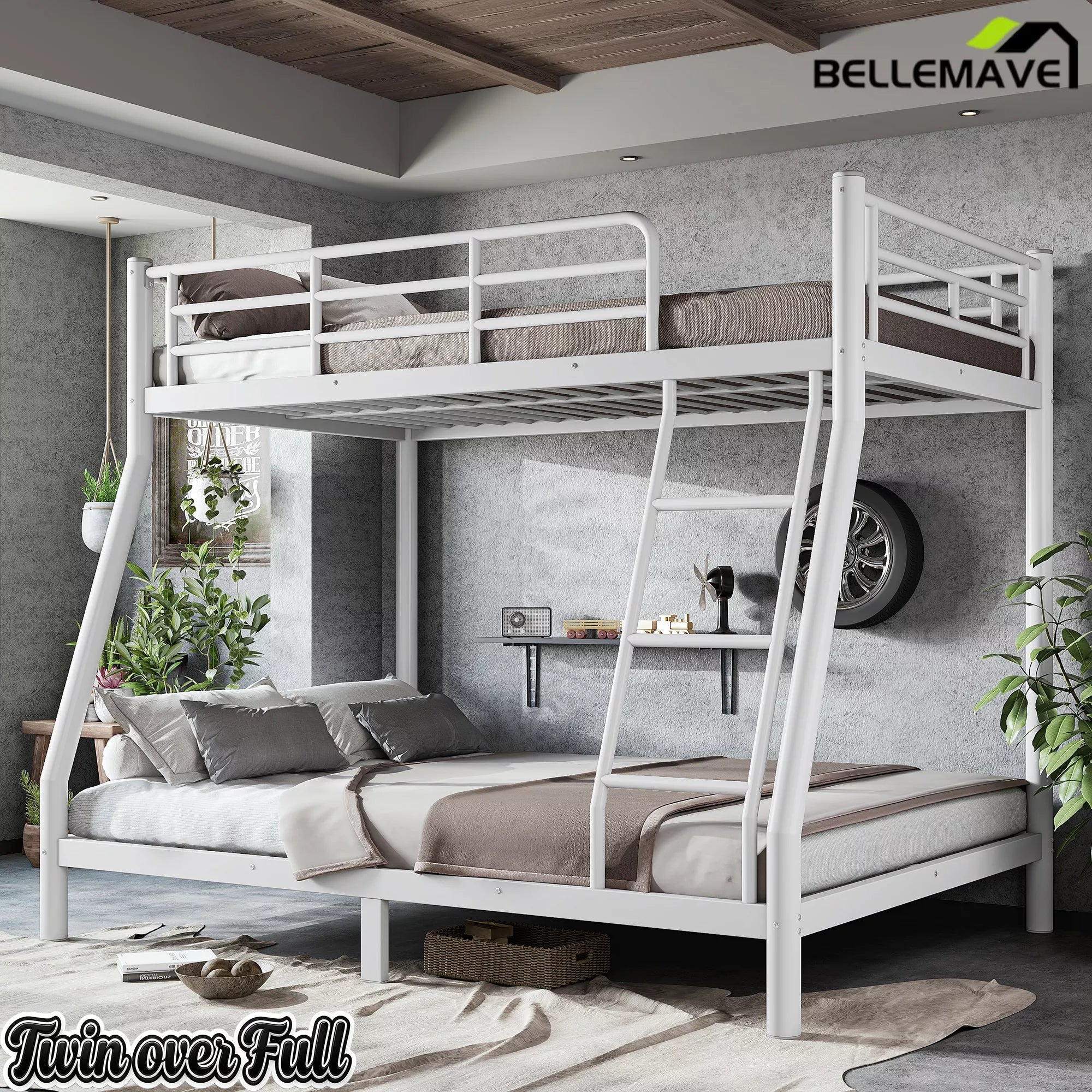 Bellemave® Metal Bunk Bed for Teens and Adults, Space Saving Heavy Duty Steel Frame with Round Tube Design, No Box Spring Needed - Bellemave