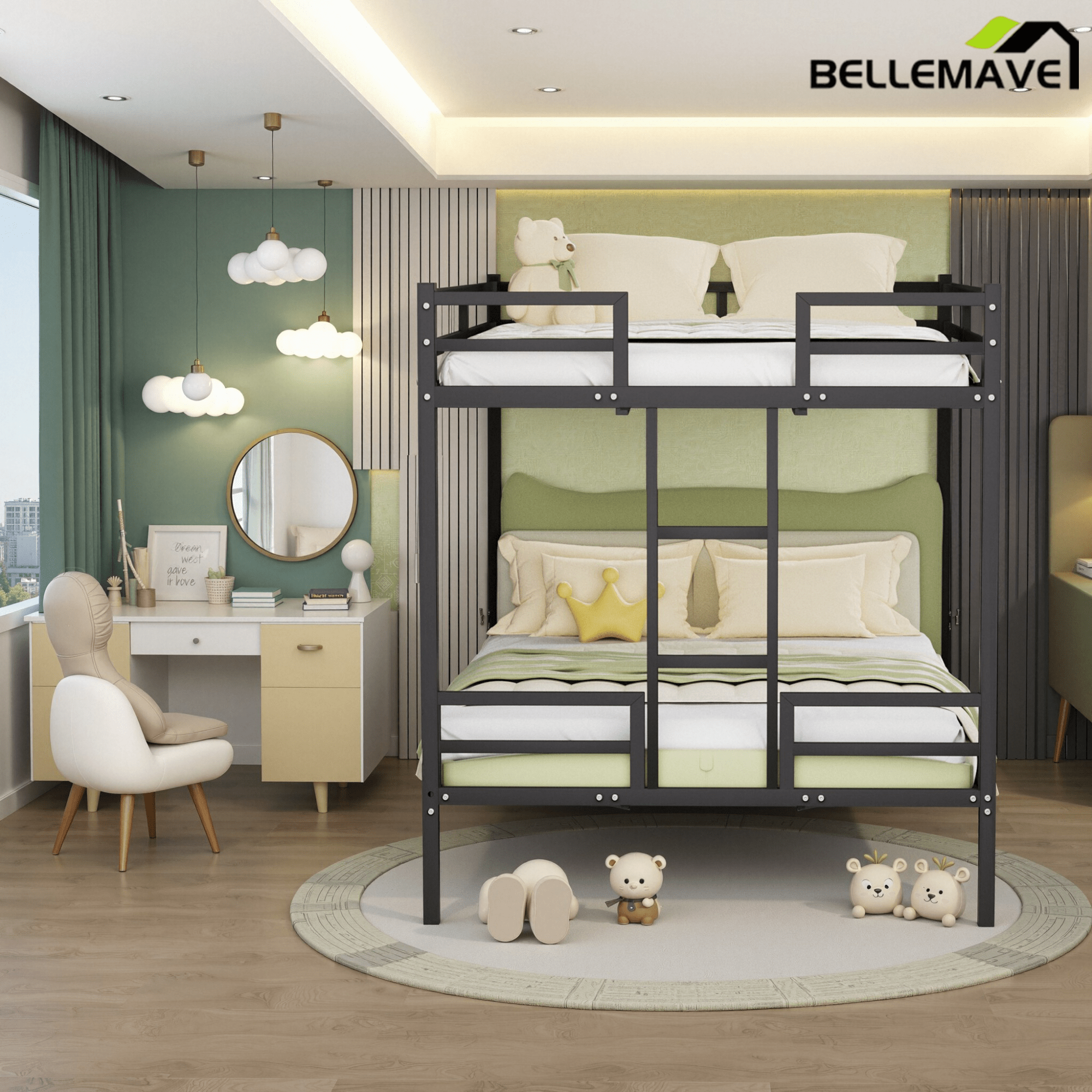 Bellemave® Metal Bunk Bed Queen Over Queen, Heavy Duty Bunk Beds with Ladders and Full - Length Guardrail, No Box Spring Needed, Easy Assemble, Black - Bellemave