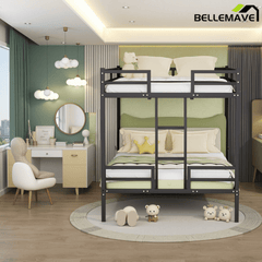 Bellemave® Metal Bunk Bed Queen Over Queen, Heavy Duty Bunk Beds with Ladders and Full - Length Guardrail, No Box Spring Needed, Easy Assemble, Black - Bellemave