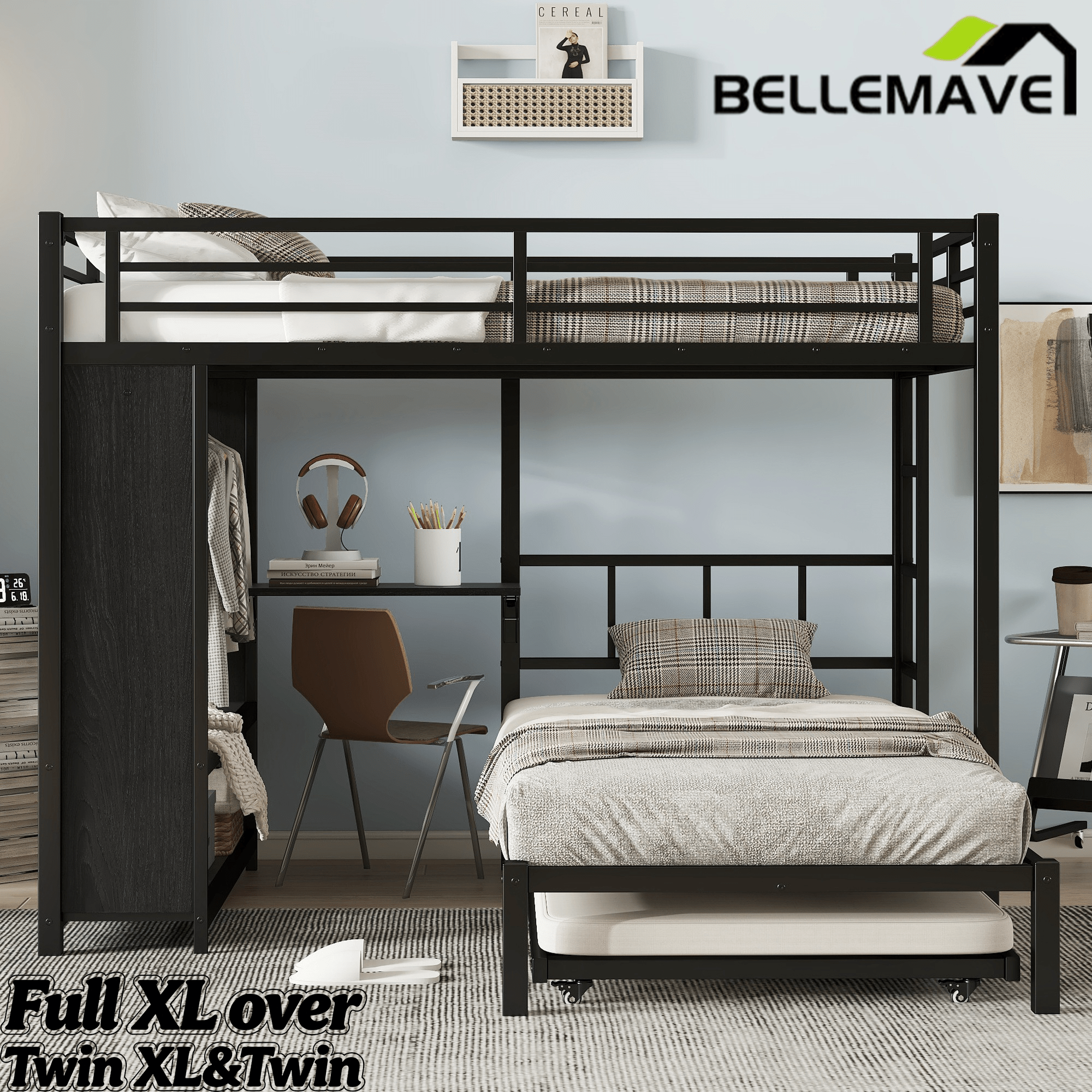 Bellemave® Metal Bunk Bed with Built - in Wardrobe, Trundle & Desk for Kids, Teens, Adults, Black - Bellemave
