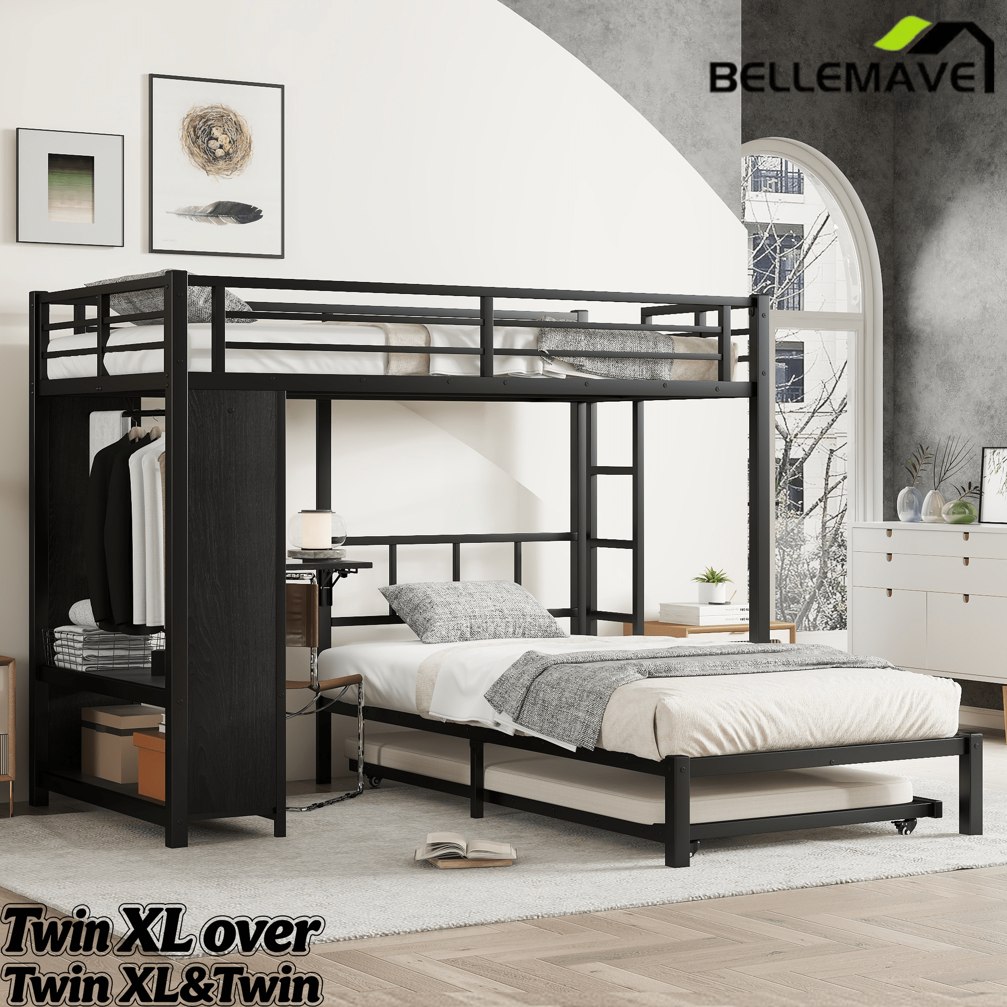 Bellemave® Metal Bunk Bed with Built - in Wardrobe, Trundle & Desk for Kids, Teens, Adults, Black - Bellemave