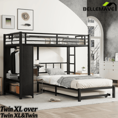 Bellemave® Metal Bunk Bed with Built - in Wardrobe, Trundle & Desk for Kids, Teens, Adults, Black - Bellemave