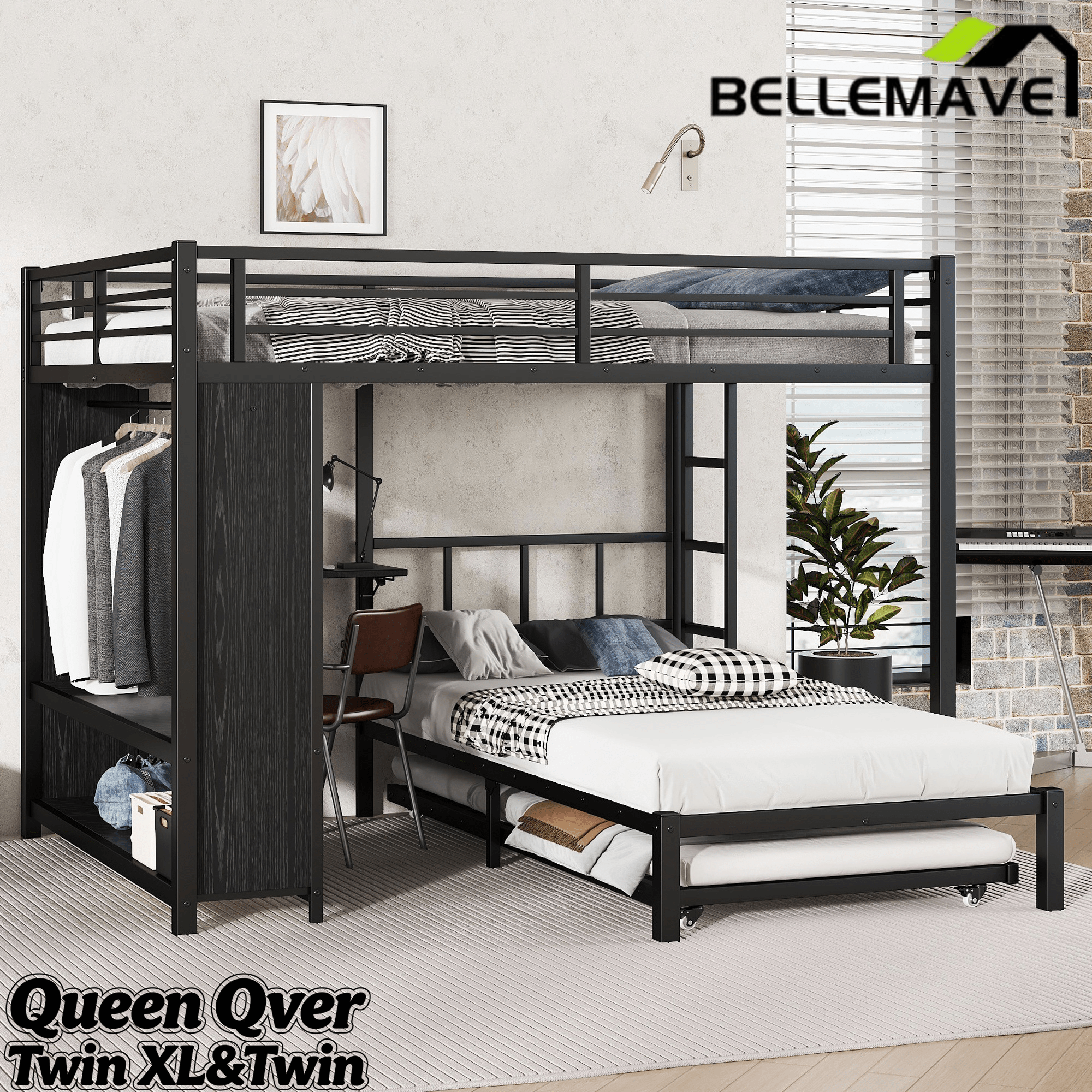 Bellemave® Metal Bunk Bed with Built - in Wardrobe, Trundle & Desk for Kids, Teens, Adults, Black - Bellemave