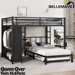 Bellemave® Metal Bunk Bed with Built - in Wardrobe, Trundle & Desk for Kids, Teens, Adults, Black - Bellemave