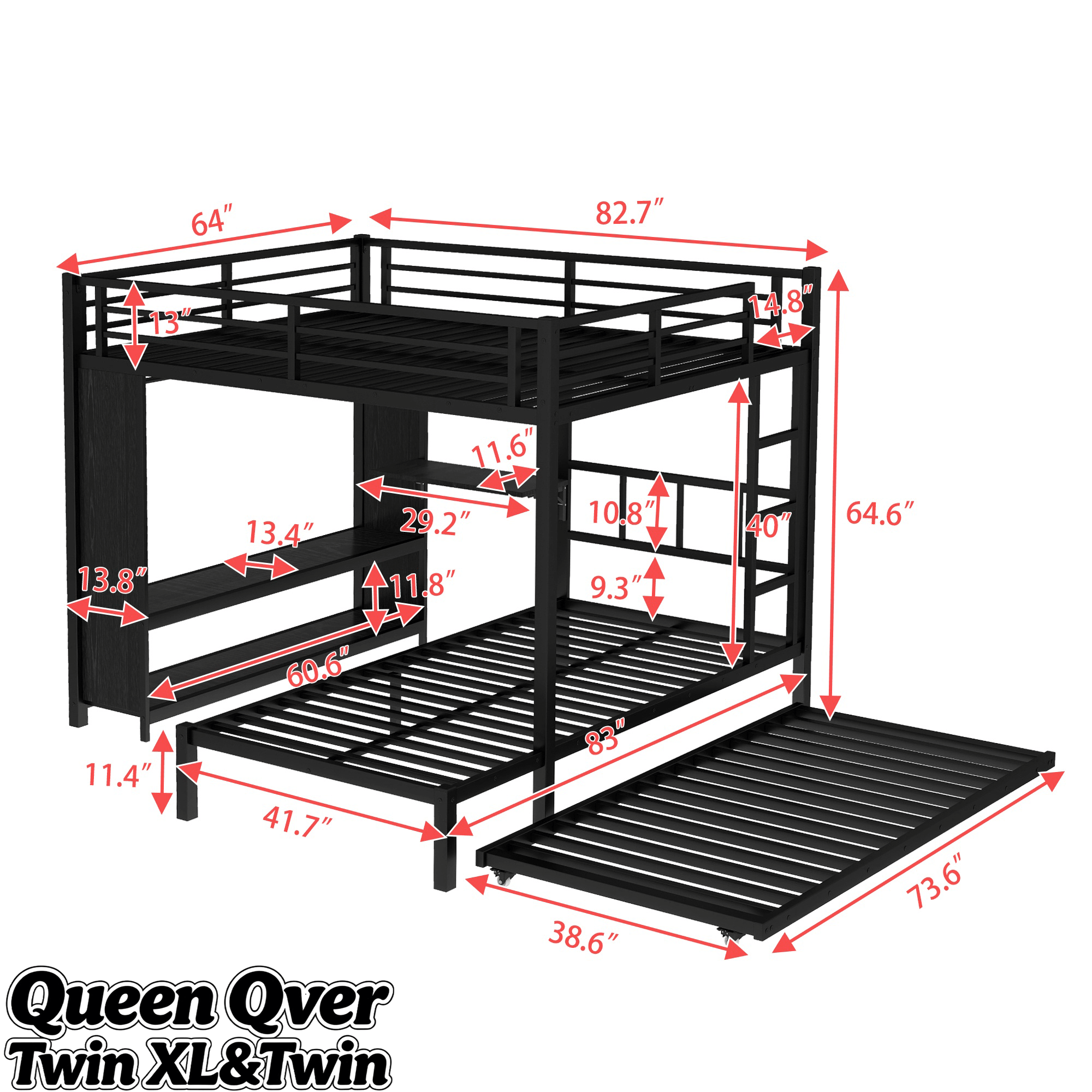 Bellemave® Metal Bunk Bed with Built - in Wardrobe, Trundle & Desk for Kids, Teens, Adults, Black - Bellemave
