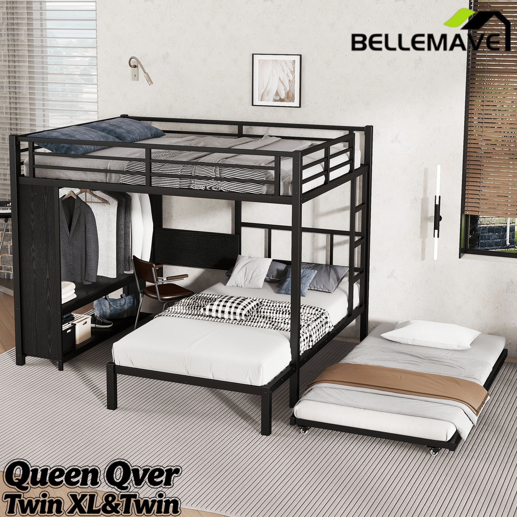 Bellemave® Metal Bunk Bed with Built - in Wardrobe, Trundle & Desk for Kids, Teens, Adults, Black - Bellemave