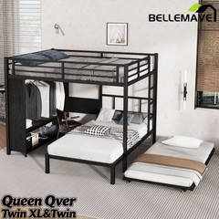 Bellemave® Metal Bunk Bed with Built - in Wardrobe, Trundle & Desk for Kids, Teens, Adults, Black - Bellemave