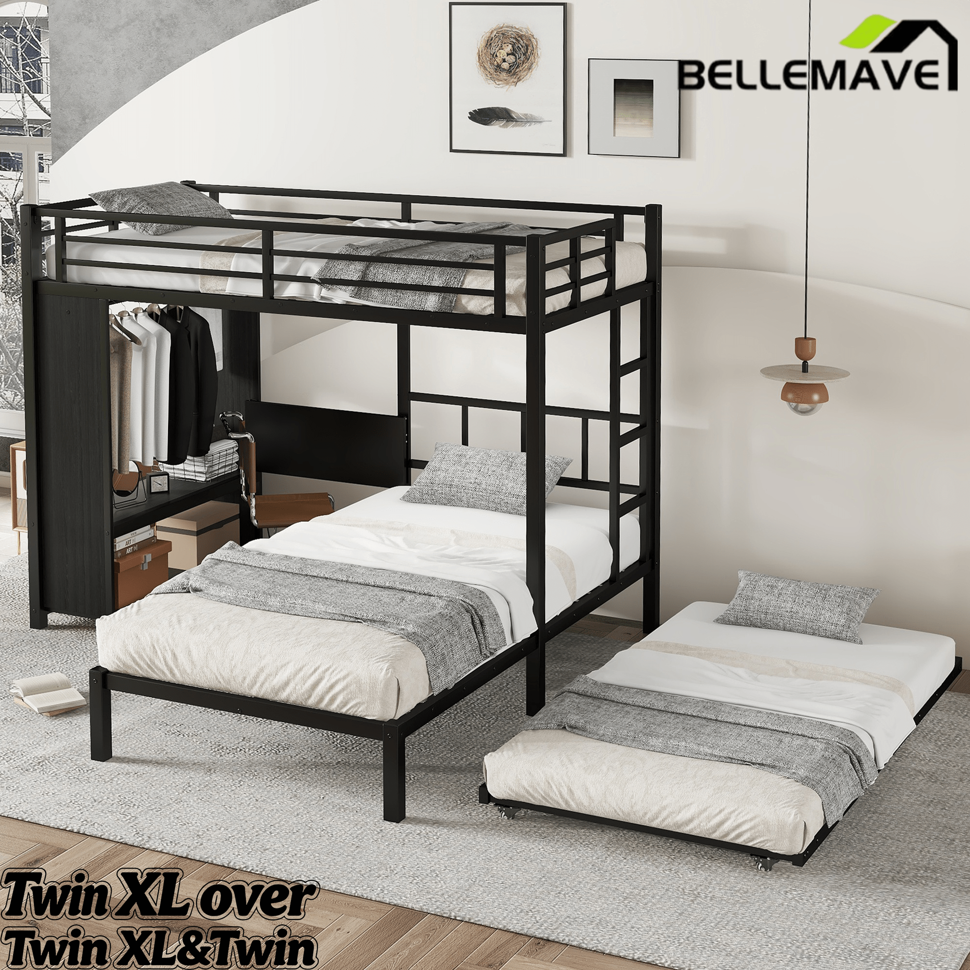 Bellemave® Metal Bunk Bed with Built - in Wardrobe, Trundle & Desk for Kids, Teens, Adults, Black - Bellemave