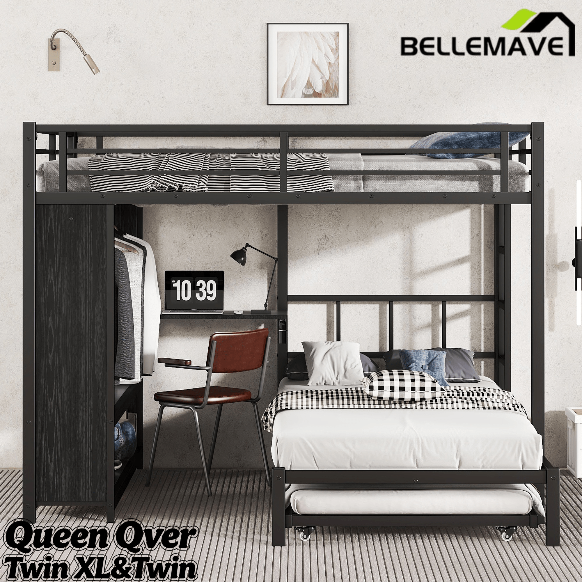 Bellemave® Metal Bunk Bed with Built - in Wardrobe, Trundle & Desk for Kids, Teens, Adults, Black - Bellemave