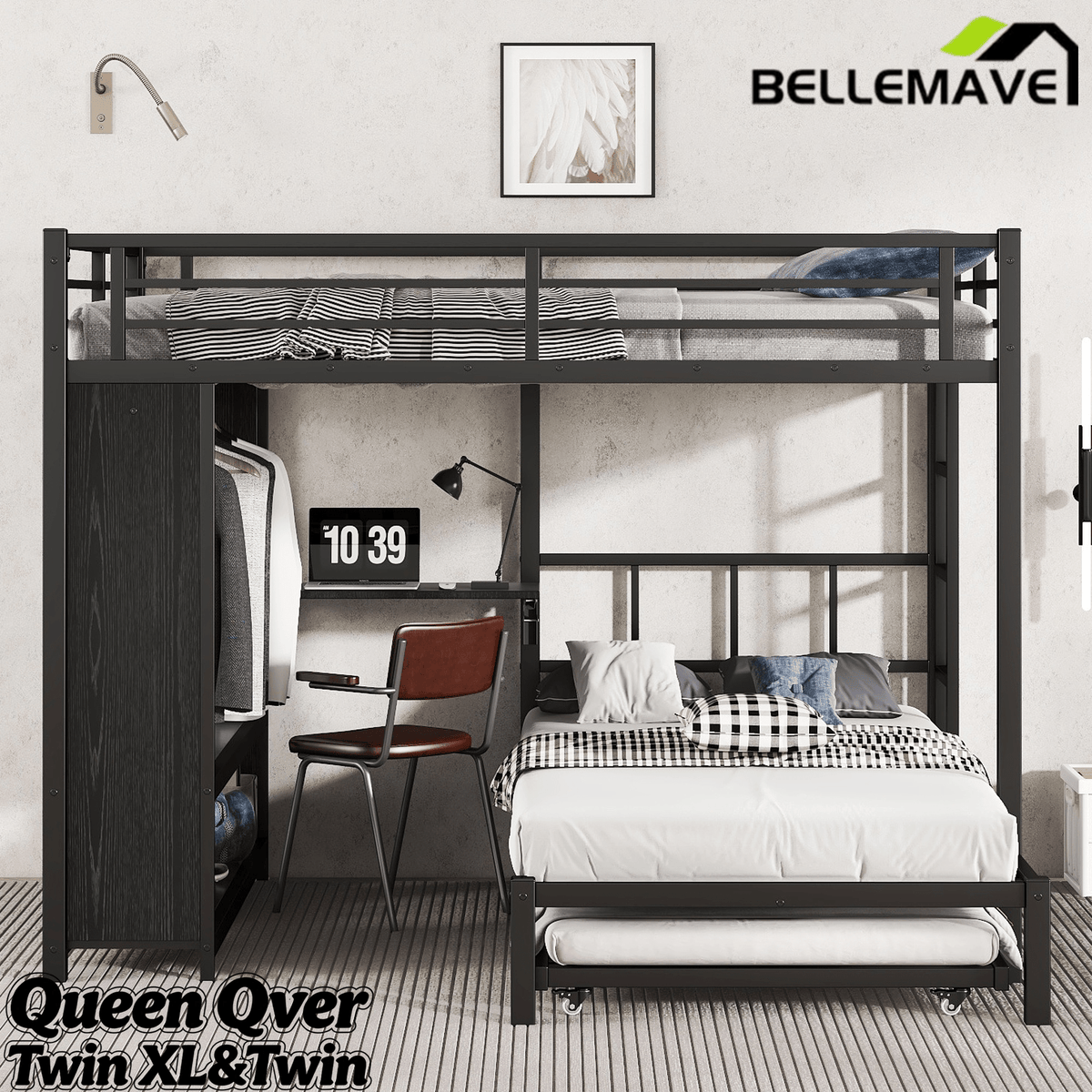 Bellemave® Metal Bunk Bed with Built - in Wardrobe, Trundle & Desk for Kids, Teens, Adults, Black - Bellemave