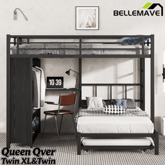 Bellemave® Metal Bunk Bed with Built - in Wardrobe, Trundle & Desk for Kids, Teens, Adults, Black - Bellemave