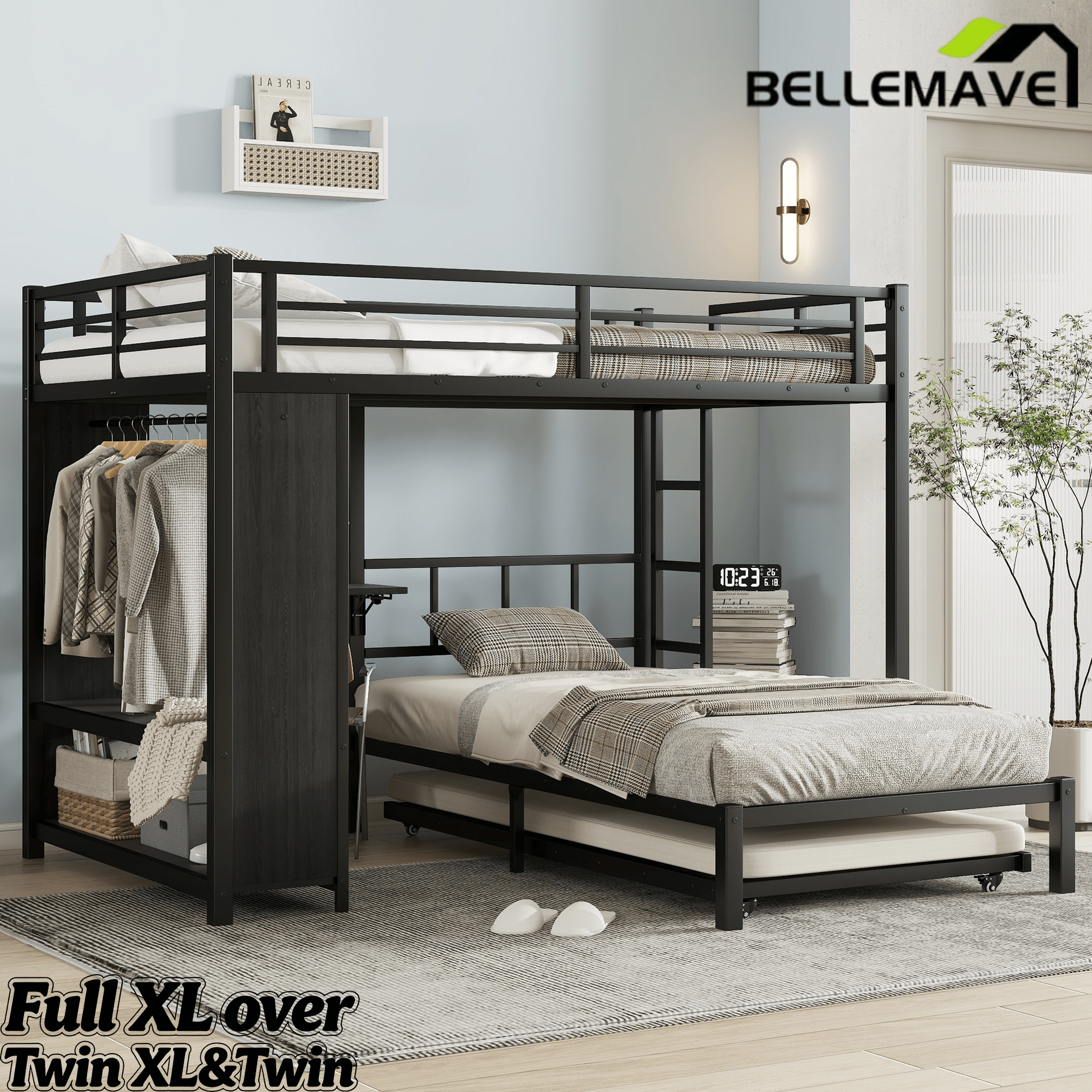Bellemave® Metal Bunk Bed with Built - in Wardrobe, Trundle & Desk for Kids, Teens, Adults, Black - Bellemave