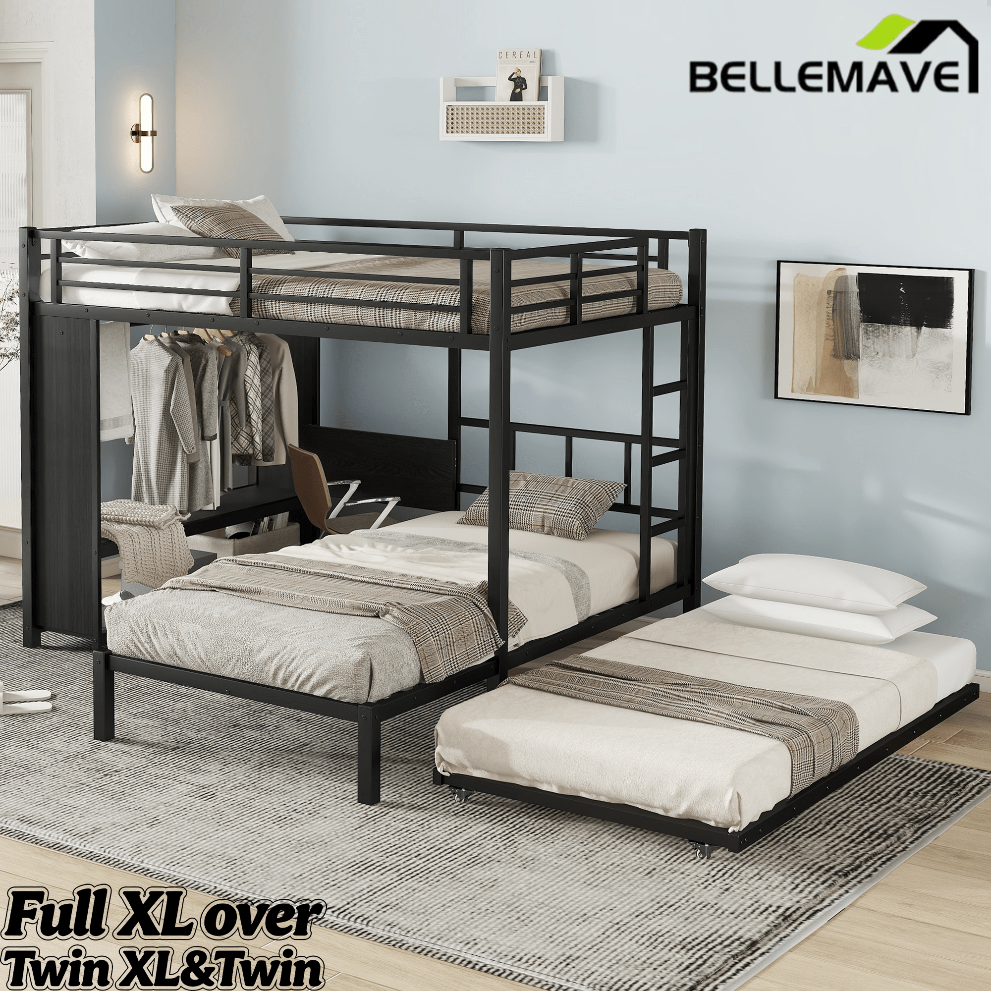 Bellemave® Metal Bunk Bed with Built - in Wardrobe, Trundle & Desk for Kids, Teens, Adults, Black - Bellemave