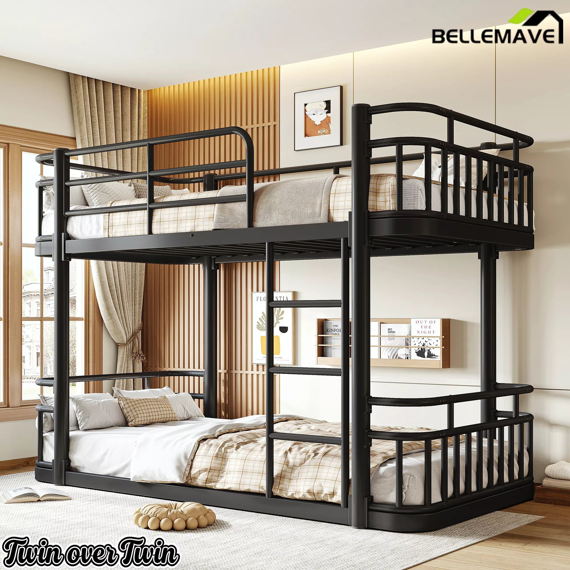Bellemave® Metal Bunk Bed with Guardrails and Ladder, Space-Saving Bed Frame - Bellemave