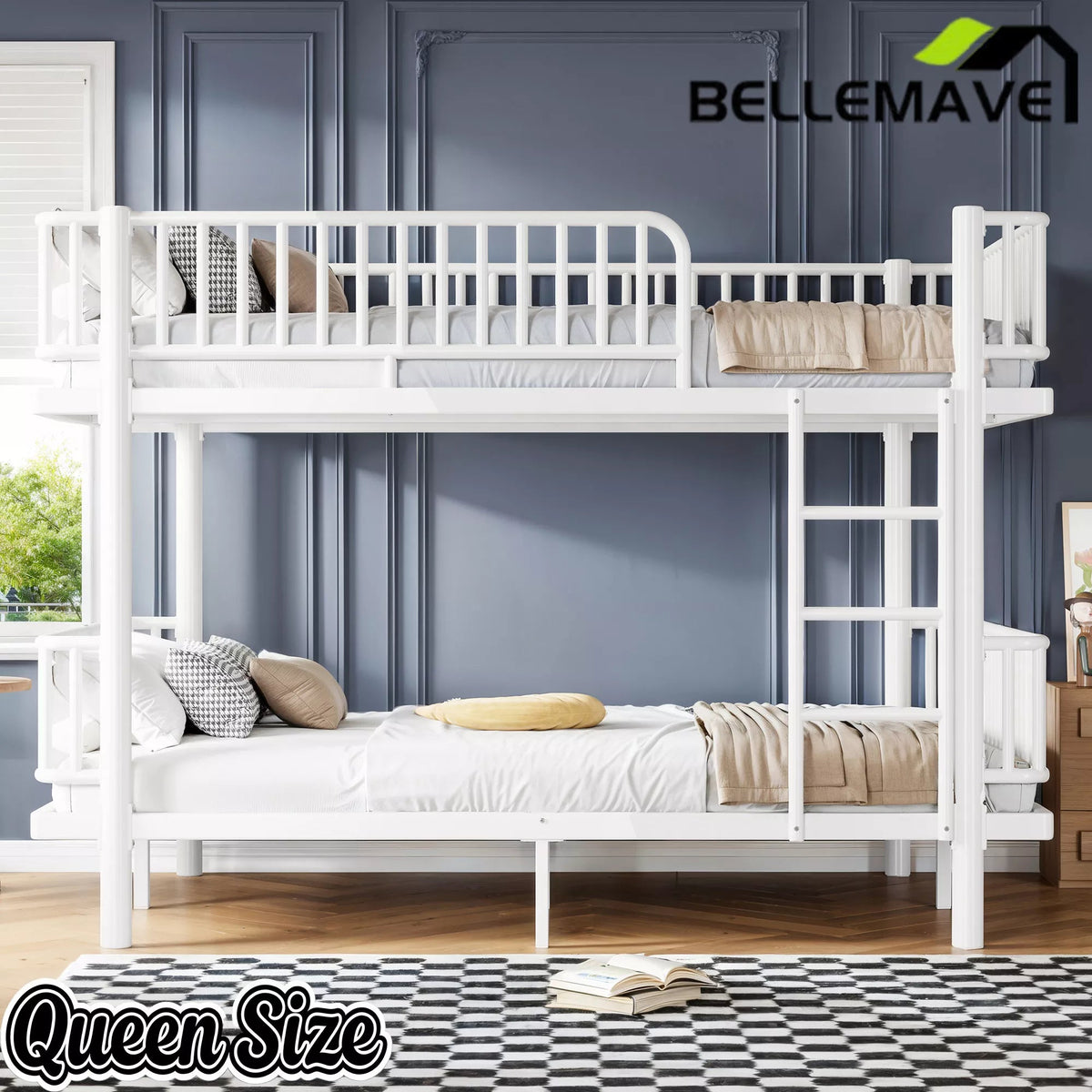 White Queen Over Queen Metal Bunk Bed Side View