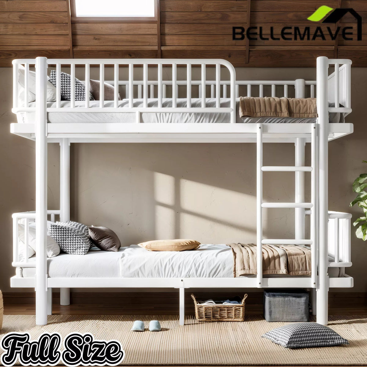 White Full Over Full Metal Bunk Bed in Bedroom