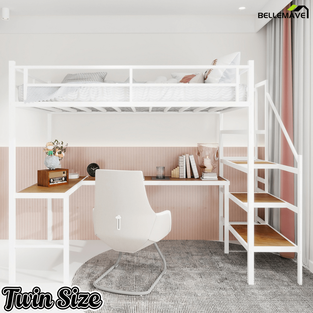 Bellemave® Metal Bunk Bed with L - Shaped Desk, Spacious Storage Space, Safety Protection Device & Ladder, No Need for Spring Mattress - Bellemave