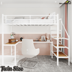 Bellemave® Metal Bunk Bed with L - Shaped Desk, Spacious Storage Space, Safety Protection Device & Ladder, No Need for Spring Mattress - Bellemave