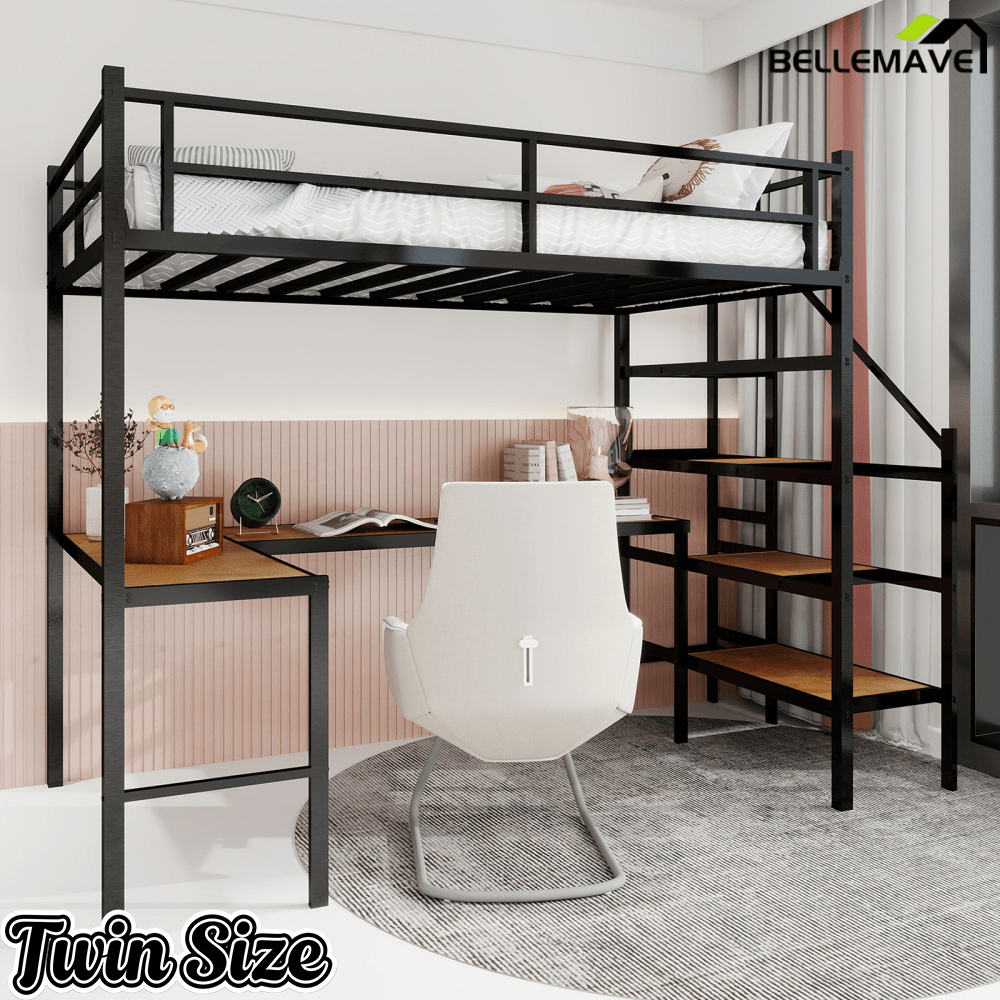 Bellemave® Metal Bunk Bed with L - Shaped Desk, Spacious Storage Space, Safety Protection Device & Ladder, No Need for Spring Mattress - Bellemave