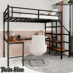 Bellemave® Metal Bunk Bed with L - Shaped Desk, Spacious Storage Space, Safety Protection Device & Ladder, No Need for Spring Mattress - Bellemave