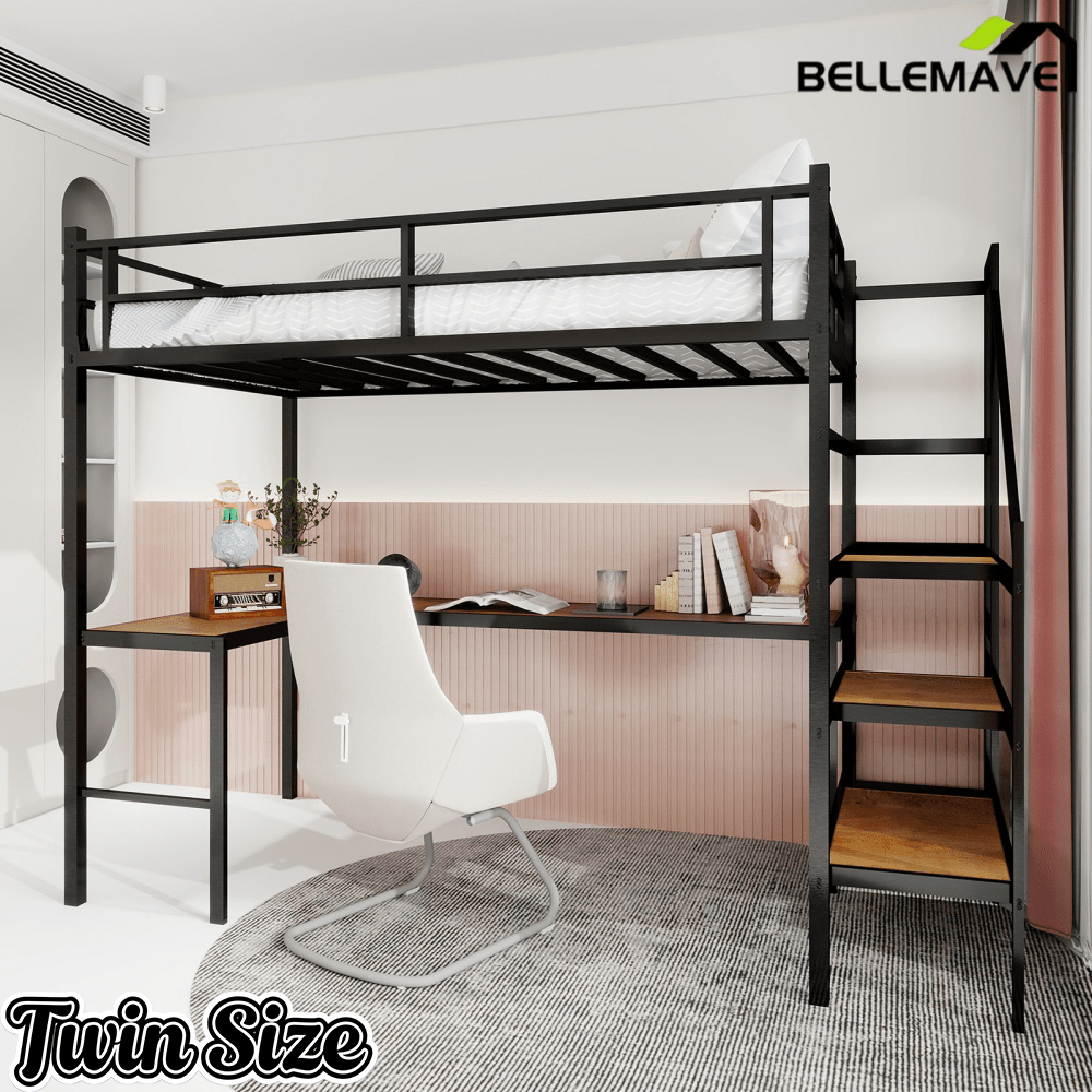 Bellemave® Metal Bunk Bed with L - Shaped Desk, Spacious Storage Space, Safety Protection Device & Ladder, No Need for Spring Mattress - Bellemave
