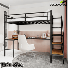 Bellemave® Metal Bunk Bed with L - Shaped Desk, Spacious Storage Space, Safety Protection Device & Ladder, No Need for Spring Mattress - Bellemave