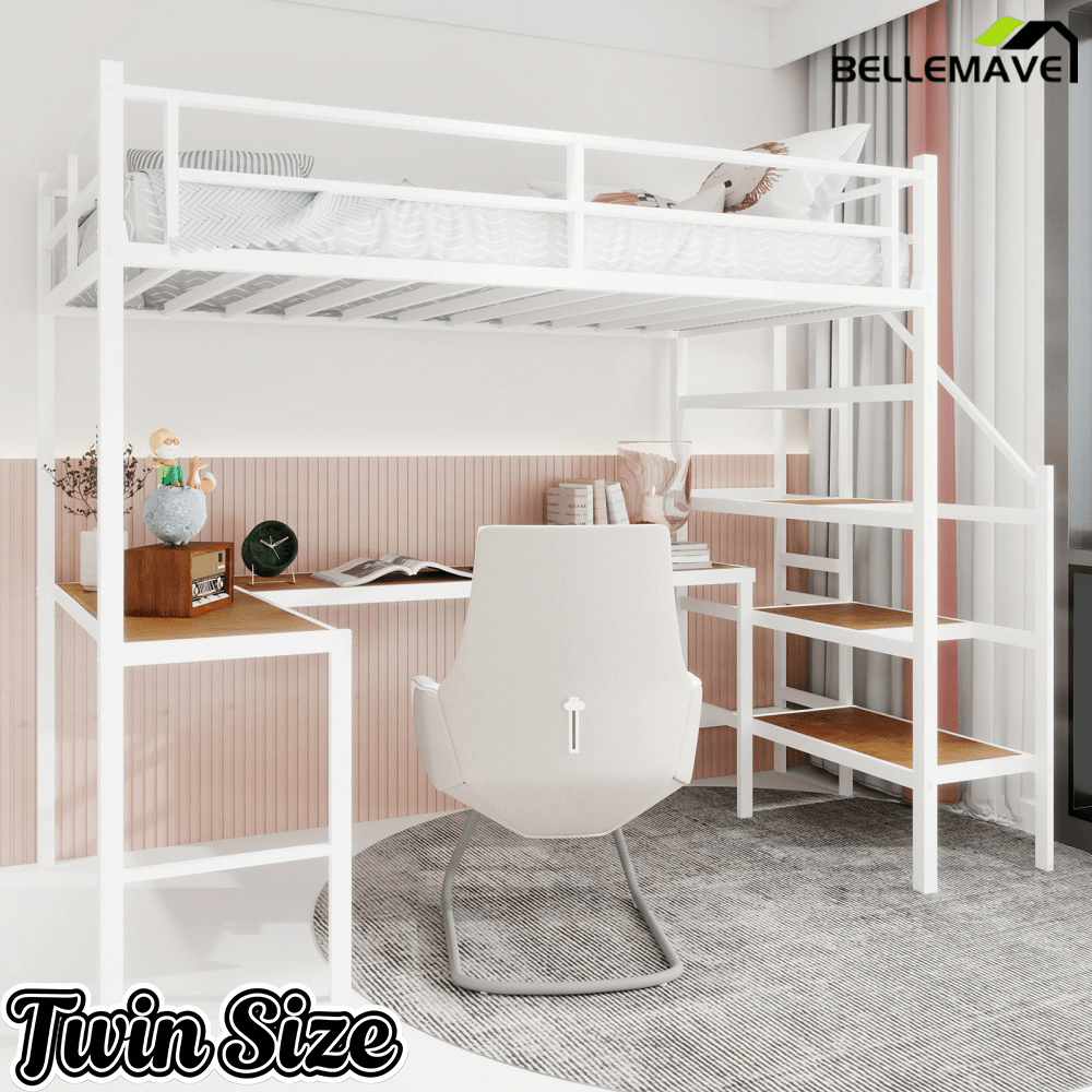 Bellemave® Metal Bunk Bed with L - Shaped Desk, Spacious Storage Space, Safety Protection Device & Ladder, No Need for Spring Mattress - Bellemave
