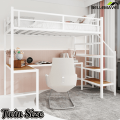 Bellemave® Metal Bunk Bed with L - Shaped Desk, Spacious Storage Space, Safety Protection Device & Ladder, No Need for Spring Mattress - Bellemave