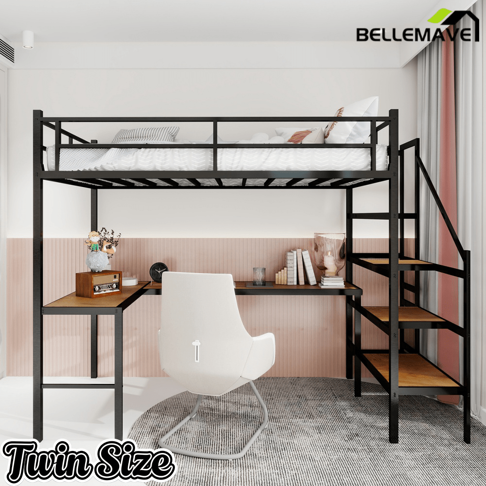 Bellemave® Metal Bunk Bed with L - Shaped Desk, Spacious Storage Space, Safety Protection Device & Ladder, No Need for Spring Mattress - Bellemave