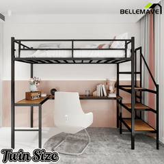 Bellemave® Metal Bunk Bed with L - Shaped Desk, Spacious Storage Space, Safety Protection Device & Ladder, No Need for Spring Mattress - Bellemave