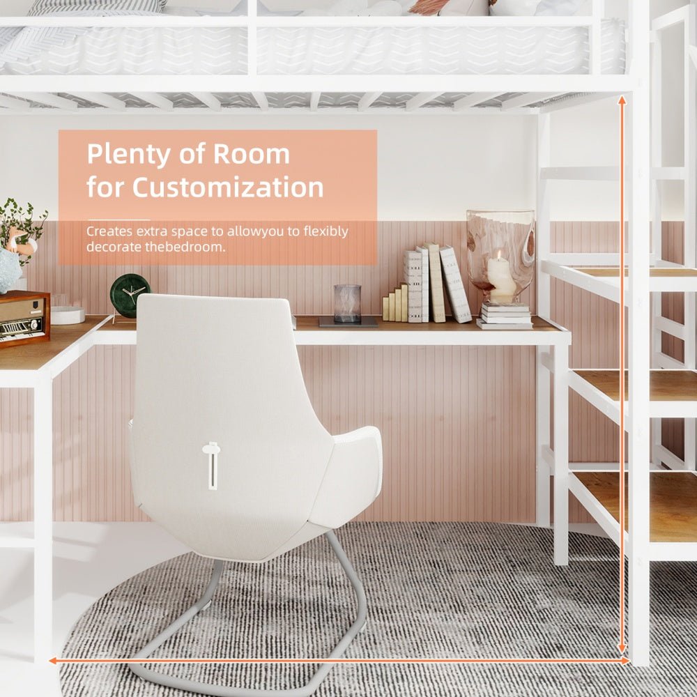 Bellemave® Metal Bunk Bed with L - Shaped Desk, Spacious Storage Space, Safety Protection Device & Ladder, No Need for Spring Mattress - Bellemave